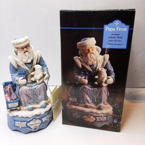 1990's Papa Frost Santa Music Box Blue Ceramic White Christmas w/ Book Box